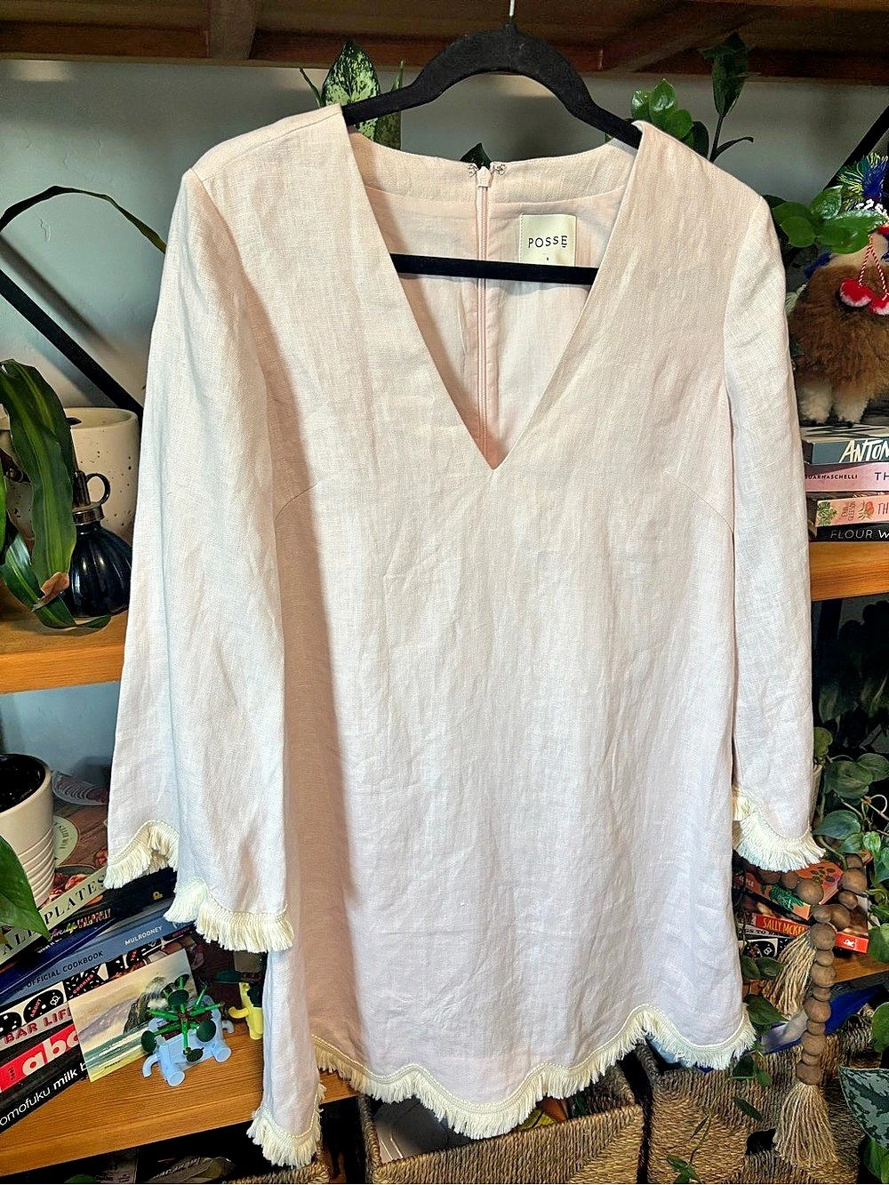 POSSE Exclusive Essie Fringed Linen Mini Kaftan Pink Size Small